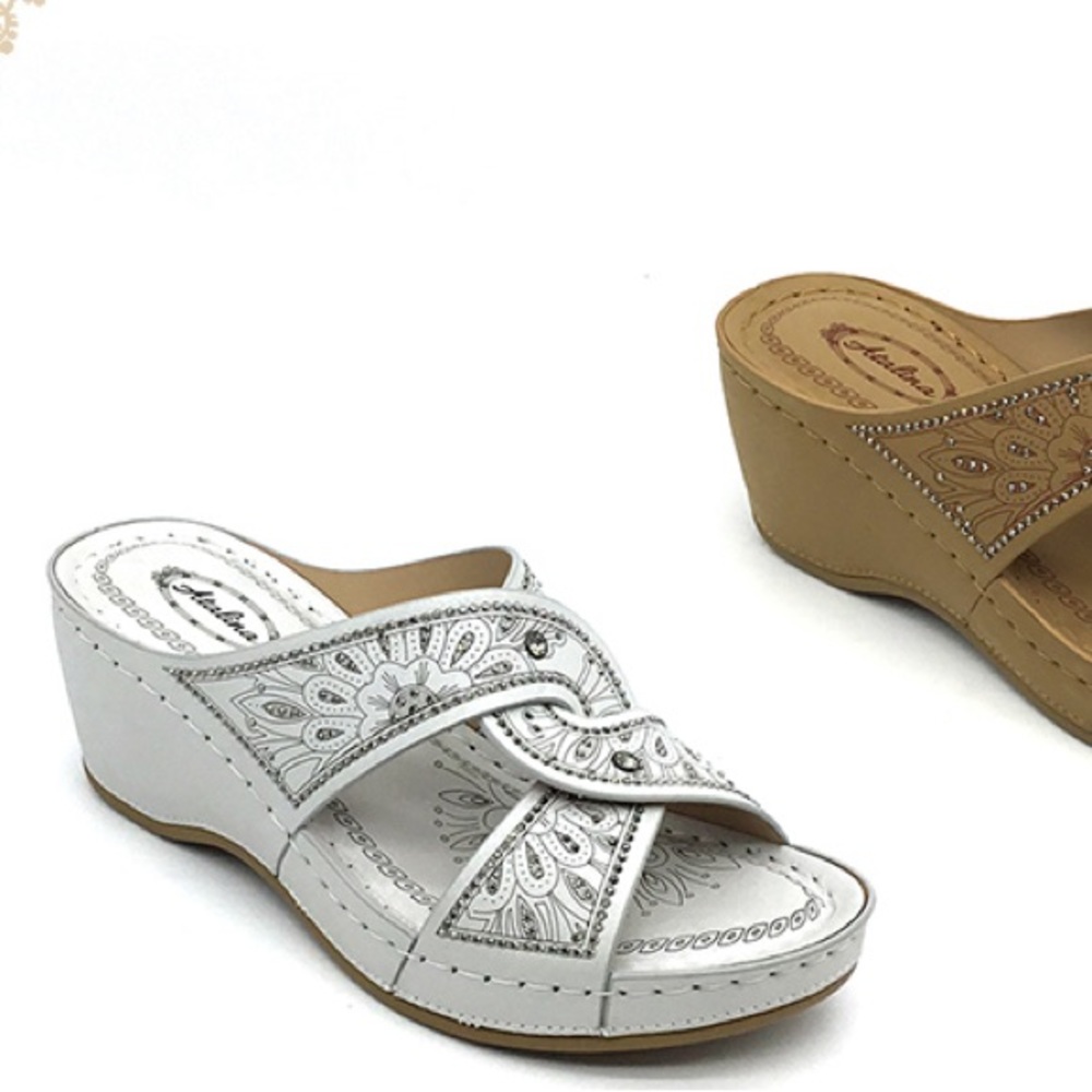 Transition Summer / Fall Italina Silver Embroidered Criss Cross Wedge Sandal